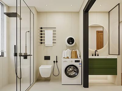 Modern Bathroom Interior With Glass Shower Wall Mounted Toilet Washing Machine And Green Vanity 3d model
