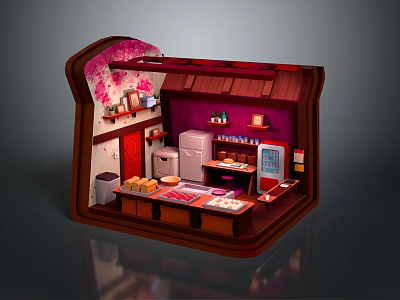Miniature Kitchen Interior With Pink Walls Wooden Elements Refrigerator And Shelves 3d model