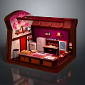 Miniature Kitchen Interior With Pink Walls Wooden Elements Refrigerator And Shelves