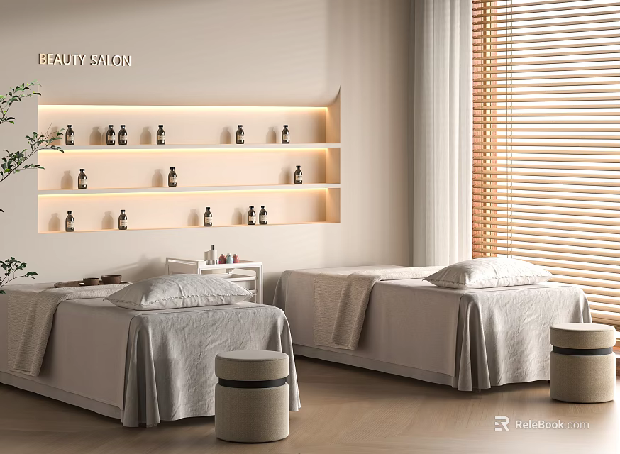 Modern SPA Treatment Salon Interior Featuring Two Beds Shelves With Bottles And Wooden Blinds 3d model 
