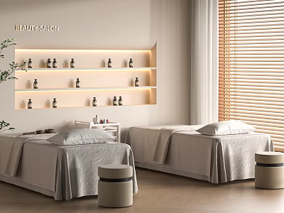 Modern SPA Treatment Salon Interior Featuring Two Beds Shelves With Bottles And Wooden Blinds 3d model