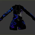 Stylish Black Jumpsuit With Blue And Purple Decorative Patterns Zipper Detail And Belt