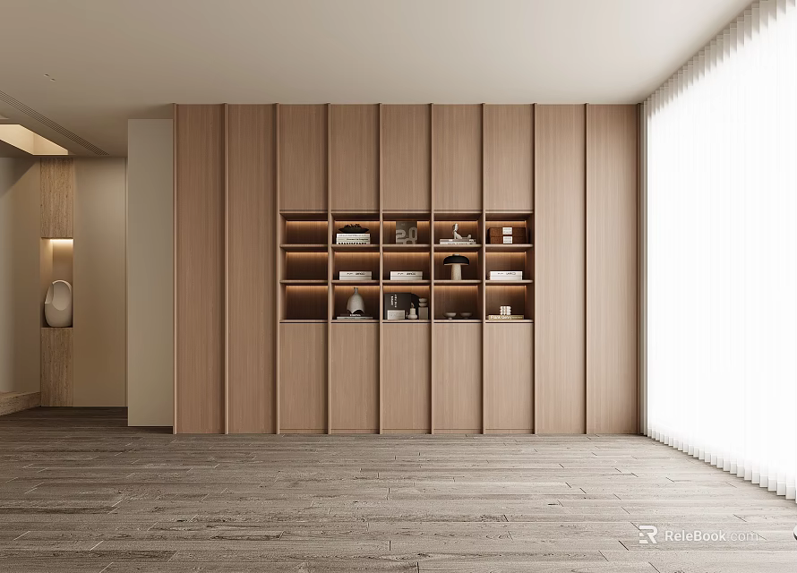 Modern Minimalist Wooden Built in Bookcase With Open Shelves And Decor Items In Bright Room 3d model 