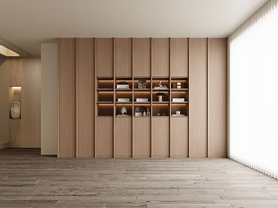 Modern Minimalist Wooden Built in Bookcase With Open Shelves And Decor Items In Bright Room 3d model