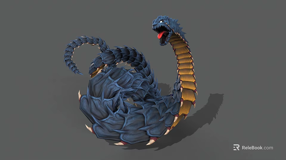Mythical Multi Headed Blue Snake 3D Model With Open Mouth And Red Tongue 3d model 
