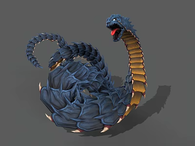 Mythical Multi Headed Blue Snake 3D Model With Open Mouth And Red Tongue 3d model