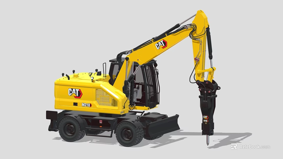 CAT Yellow Wheel Excavator Industrial Construction Equipment With Hydraulic Hammer 3d model 
