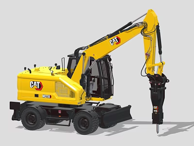 CAT Yellow Wheel Excavator Industrial Construction Equipment With Hydraulic Hammer 3d model