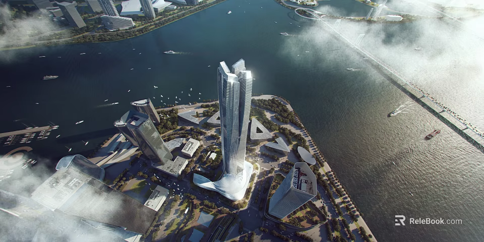 Modern High Rise Coastal Office Building With Urban Waterfront Cityscape View 3d model 