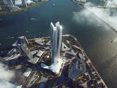 Modern High Rise Coastal Office Building With Urban Waterfront Cityscape View 3d model