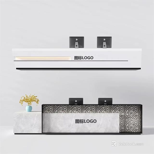 Modern Reception Desk With Logo Lighting Gray And White Textured Design 3d model