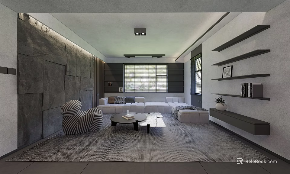 Modern Living Room Interior With Gray Walls L Shaped Sofa Recessed Lighting And Open Shelves 3d model 