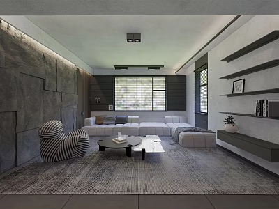 Modern Living Room Interior With Gray Walls L Shaped Sofa Recessed Lighting And Open Shelves 3d model