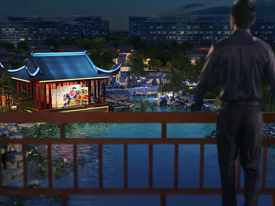 Scenic Night View Of Man On Bridge Traditional Pavilion Lotus Pond And Distant Modern Buildings 3d model
