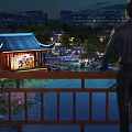 Scenic Night View Of Man On Bridge Traditional Pavilion Lotus Pond And Distant Modern Buildings