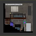 Cartoon Scenario of a Cozy Duplex Room with Stairs Bed Sofa TV and Wooden Floor