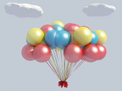 Bright Colorful Balloons Bunch With Red Ribbon And White Clouds 3d model