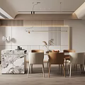 Elegant Modern Restaurant Interior With Open Layout Dining Table Marble Counter And Pendant Lights 3d model