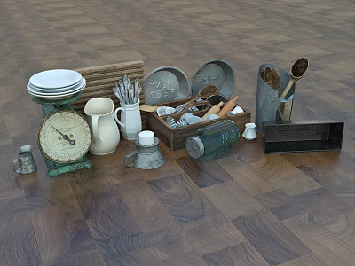Rustic Household Essentials Featuring Plates Woven Mat Measuring Cups Metal Tins Spoons And Glass Jar 3d model