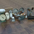 Rustic Household Essentials Featuring Plates Woven Mat Measuring Cups Metal Tins Spoons And Glass Jar