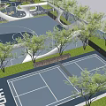 Modern Park Landscape Design With Basketball Court Walking Path Green Lawn And Trees