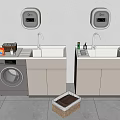Laundry Room Setup With Double Sinks Washing Machine Cleaning Supplies And Basket