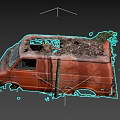 Old Rusted Orange Van With Broken Windows And Leaves On Roof 3d model