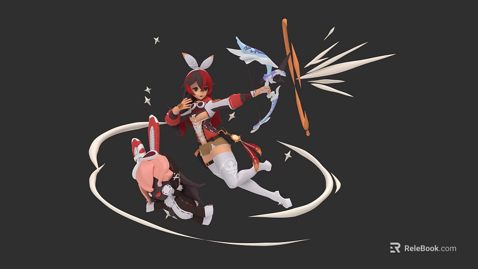 Game Character With Red Hair Rabbit Ears Holding Bow And Pink Creature In Dynamic Aura 3d model 