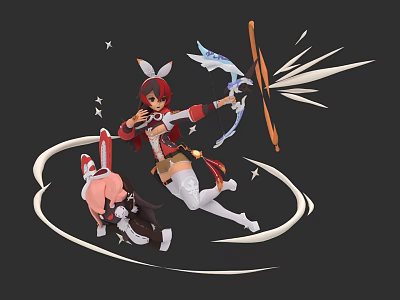 Game Character With Red Hair Rabbit Ears Holding Bow And Pink Creature In Dynamic Aura 3d model