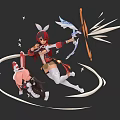 Game Character With Red Hair Rabbit Ears Holding Bow And Pink Creature In Dynamic Aura