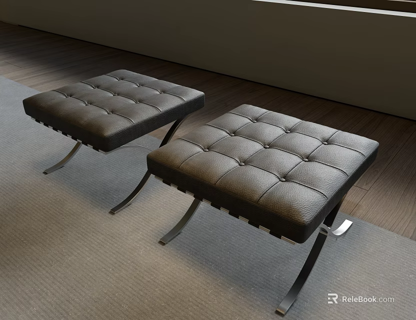 Modern Leather Tufted Ottoman With Metal Legs For Living Room Interior Decor 3d model 
