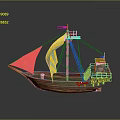 Wooden Watercraft With Yellow And Blue Striped Sails And Red Deck Features