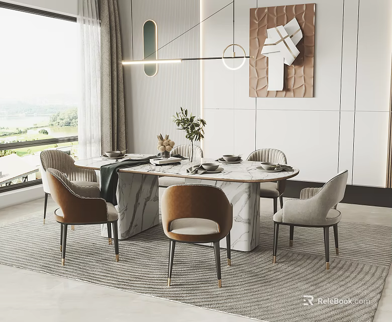 Modern Round Marble Dining Set With Brown Gray Chairs Pendant Light And Window View 3d model