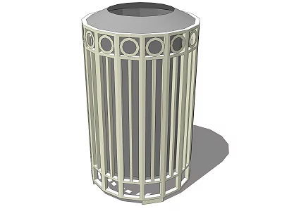 Public Facility Trash Can With Cylindrical Metal Rail Design And Open Top 3d model