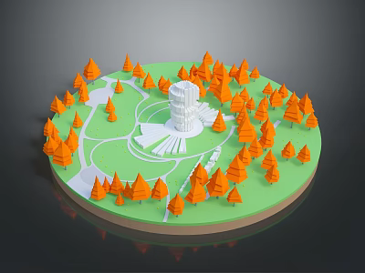Scenic Circular Green Platform with Orange Trees White Tower and Pathways 3d model