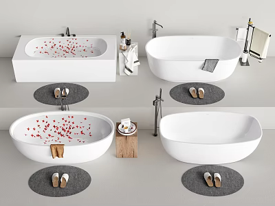 Modern White Bathtub with Red Petals Slippers Mat and Toiletries Setup 3d model