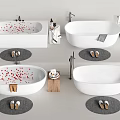 Modern White Bathtub with Red Petals Slippers Mat and Toiletries Setup