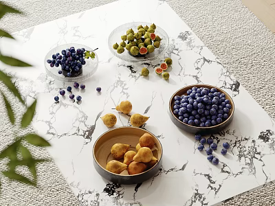 Fresh Blueberries Figs And Grapes In Bowls On Marble Surface With Scattered Fruits 3d model