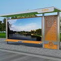 Roadside Bus Stop Shelter With Roof Billboard Trash Can And Green Trees River View