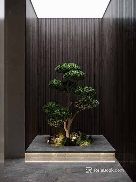 Indoor Decorative Shaped Arbor With Round Canopy Dark Striped Background Wall Stone Lighting And Platform 3d model