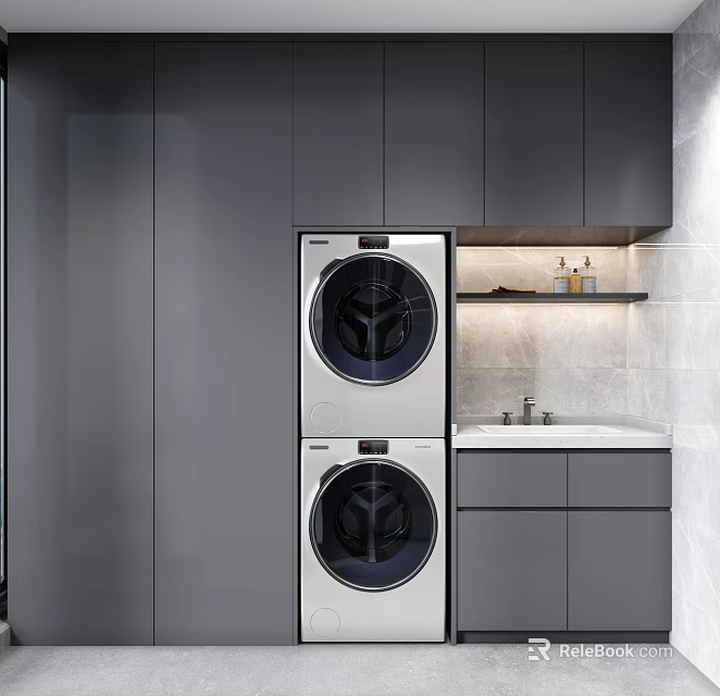 Home Balcony With Gray Cabinets Stacked Washer Dryer Sink Shelf And Light Colored Tiled Walls 3d model 