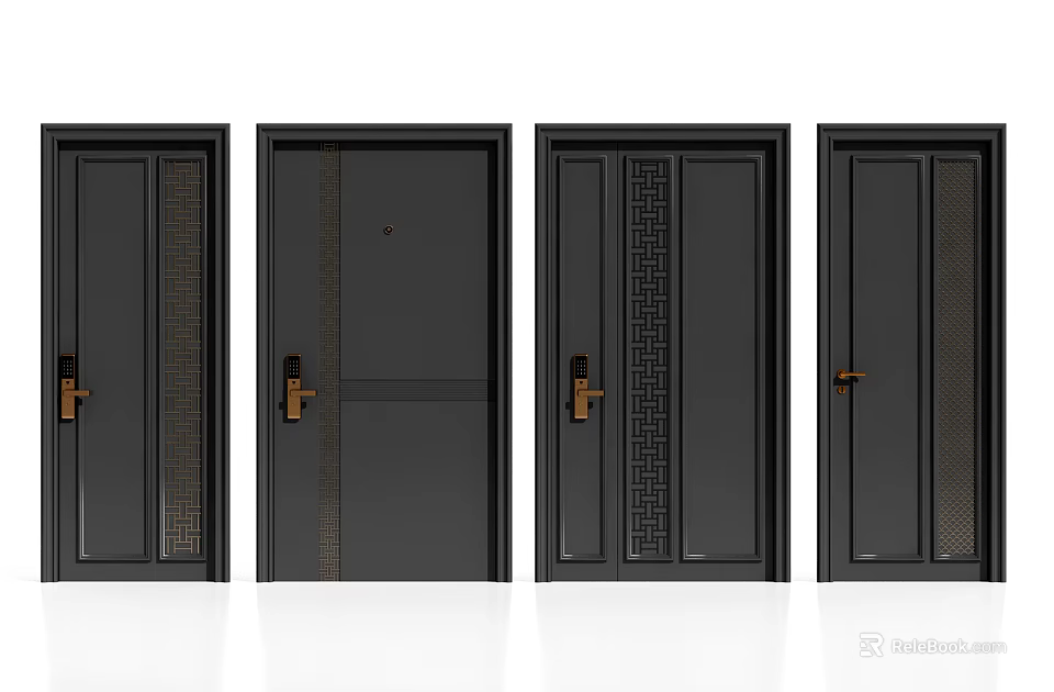 Modern Black Security Doors Collection With Various Designs And Golden Handles 3d model
