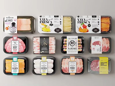 Various Types Of Packaged Food Including Meat Fish And Labeled Products 3d model