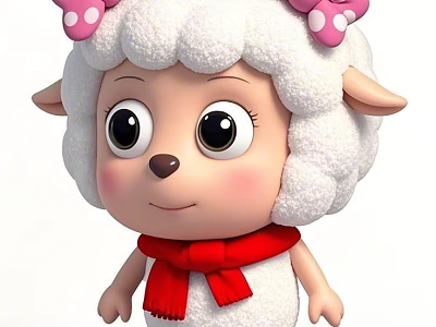 Cute Cartoon Lamb Character With White Wool Pink Polka Dot Bow And Red Scarf 3d model