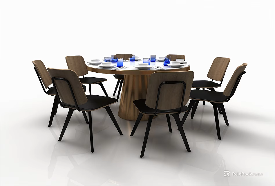Round Dining Table Set With Six Chairs White Plates And Blue Cups Modern Design 3d model 