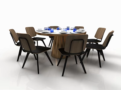 Round Dining Table Set With Six Chairs White Plates And Blue Cups Modern Design 3d model