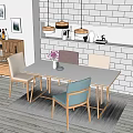 Modern Dining Table Set With Gray Blue Chairs Pendant Lights Brick Wall And Framed 3d model