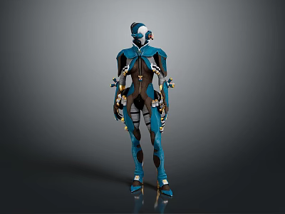 Futuristic Humanoid Character In Blue Black Mechanical Armor With Technological Details 3d model