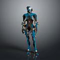 Futuristic Humanoid Character In Blue Black Mechanical Armor With Technological Details