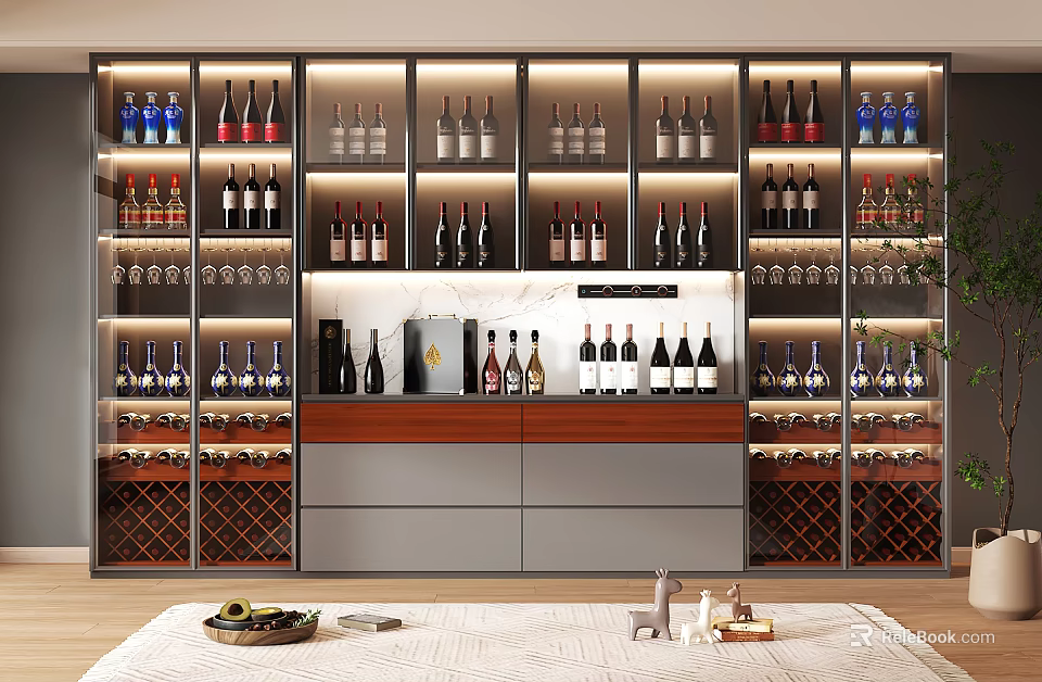 Modern Wine Cabinet With Glassware Storage Wine Bottle Racks And Elegant Lighting 3d model 